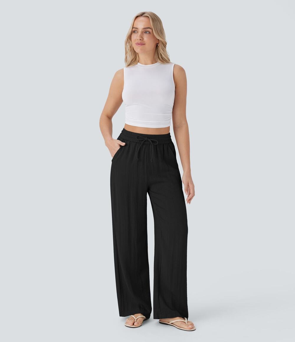 NWT Halara Wide Leg Linen Feel Pants Black M Tall High Rise Drawstring